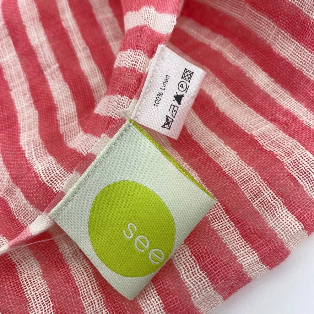 See Design Scarf Womens OS Pink White Striped 100% Linen Wrap Shawl